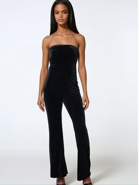 superdown Pants - Superdown Black Velvet Strapless Jumpsuit NWT Sweetheart Tube Straight Leg Large